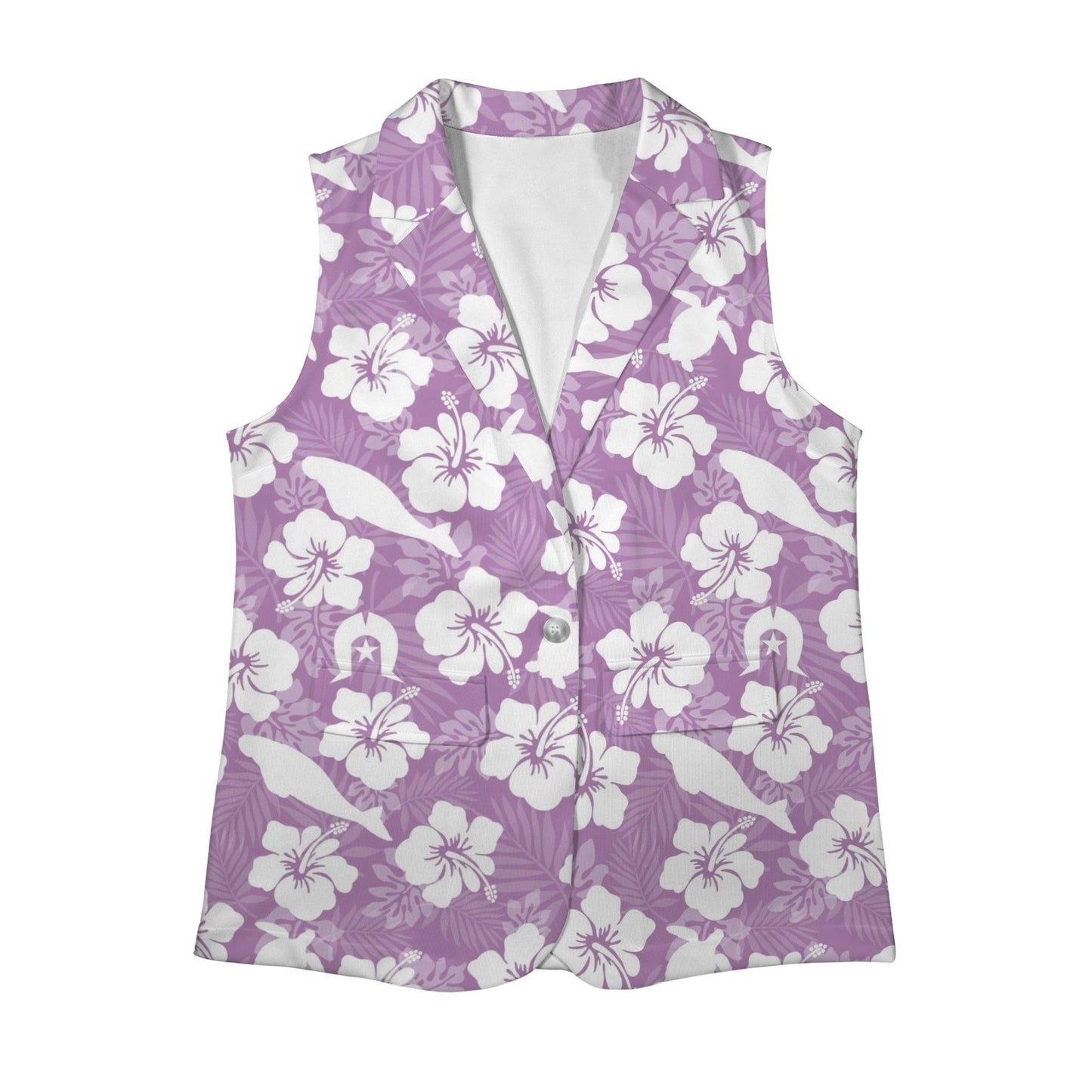 White Hibiscus flowers with Dugong, Turtle and Dhari on Women Sleeveless Suit Vest