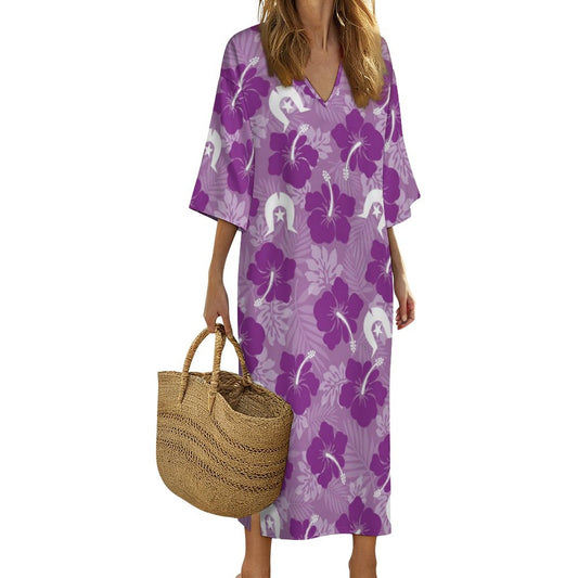 Hibiscus flowers with Dhari (Royal purple) on Mediterranean Style V Neck Mid-Sleeve Robe