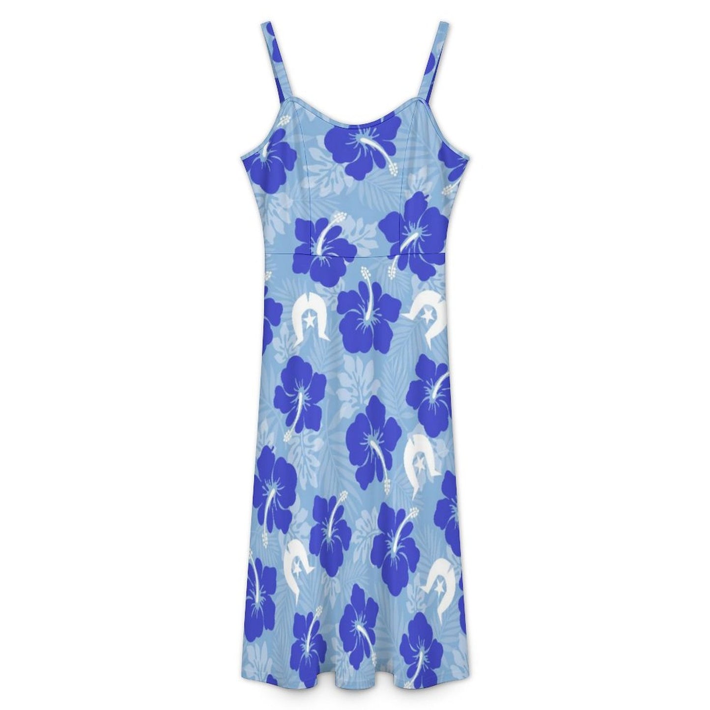 Hibiscus flowers with White Dhari (Sky blue) on Midi Spaghetti Strap Dress
