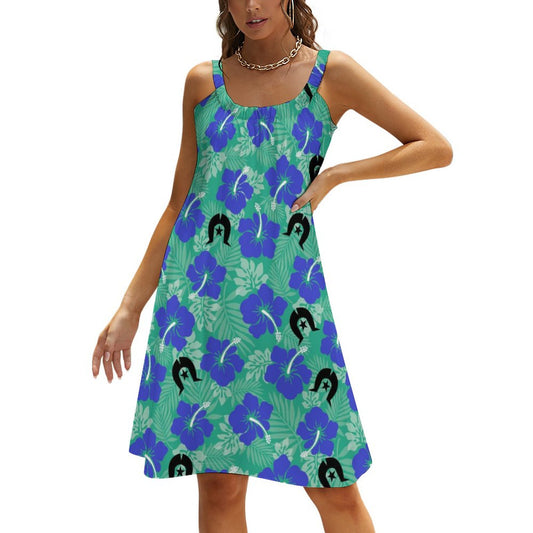 Royal Blue Hibiscus flowers with Black Dhari on Sleeveless Dress