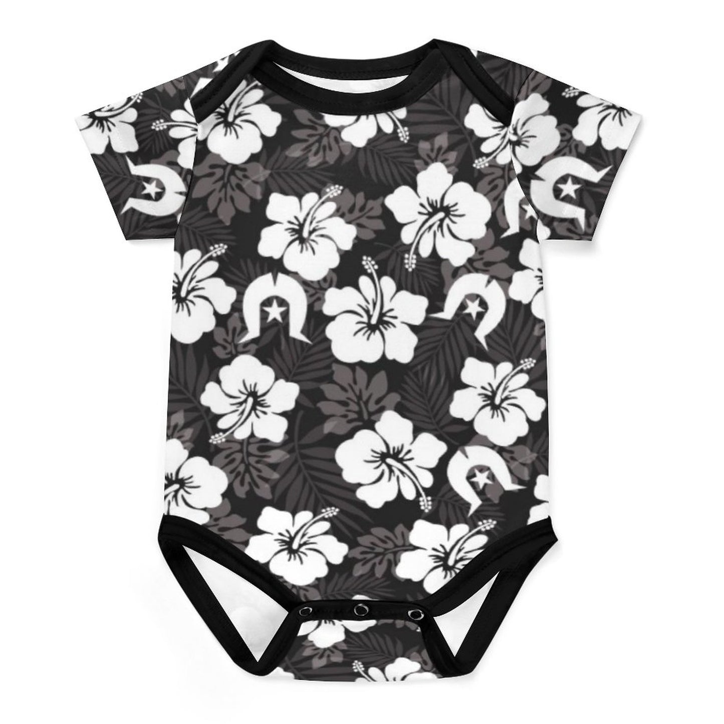 White Hibiscus and Dhari (Black) on Faux Cotton Short Sleeve Baby Romper