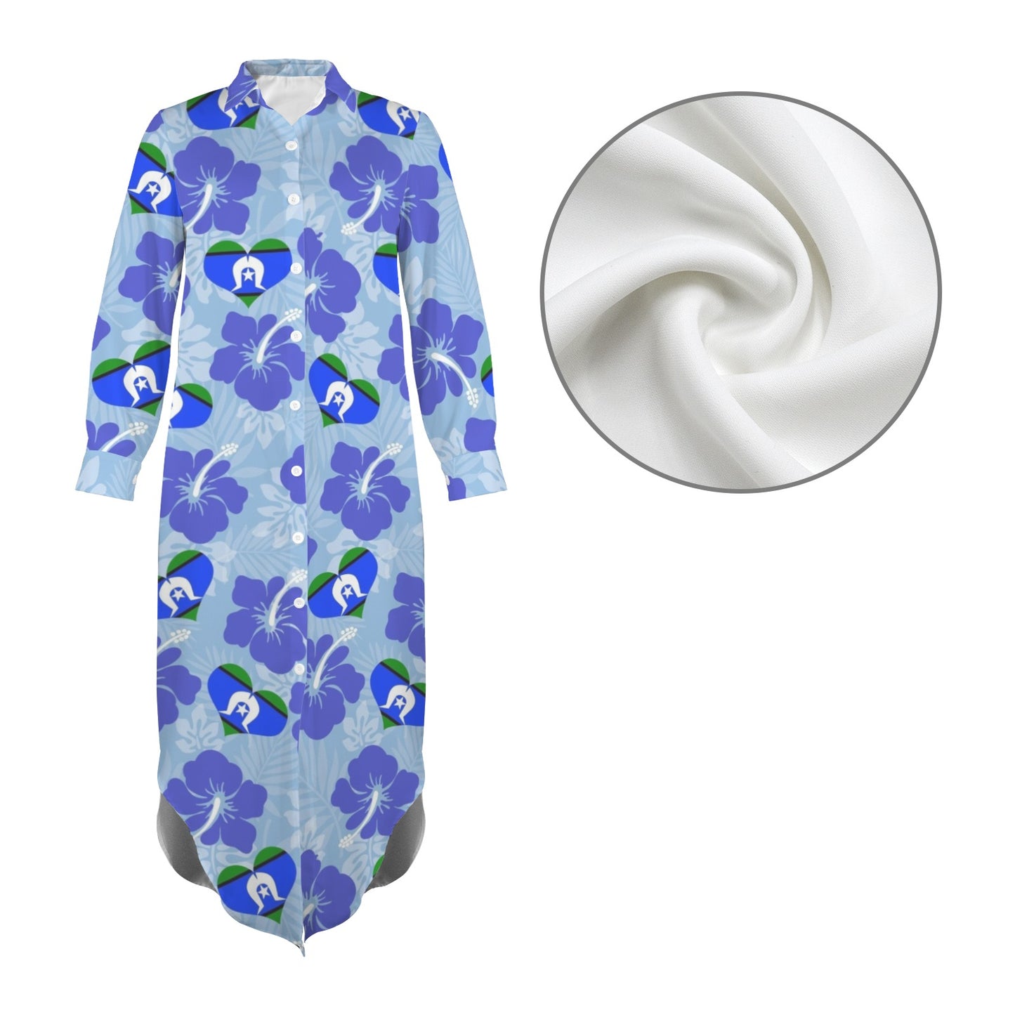 Hibiscus flowers with Torres Strait Heart Flag on Button Long Sleeve Shirt Dress