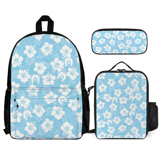 White Hibiscus and Dhari (Blue) on Set of 3 Bags (Shoulder Bag Lunch Bag & Pencil Pouch)