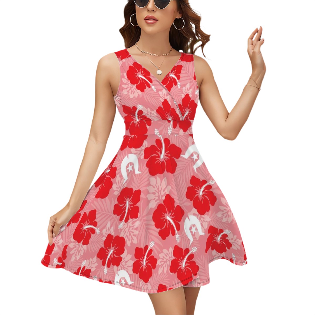 Hibiscus flowers with Dhari (Royal Pink) on Sleeveless V Neck Dress