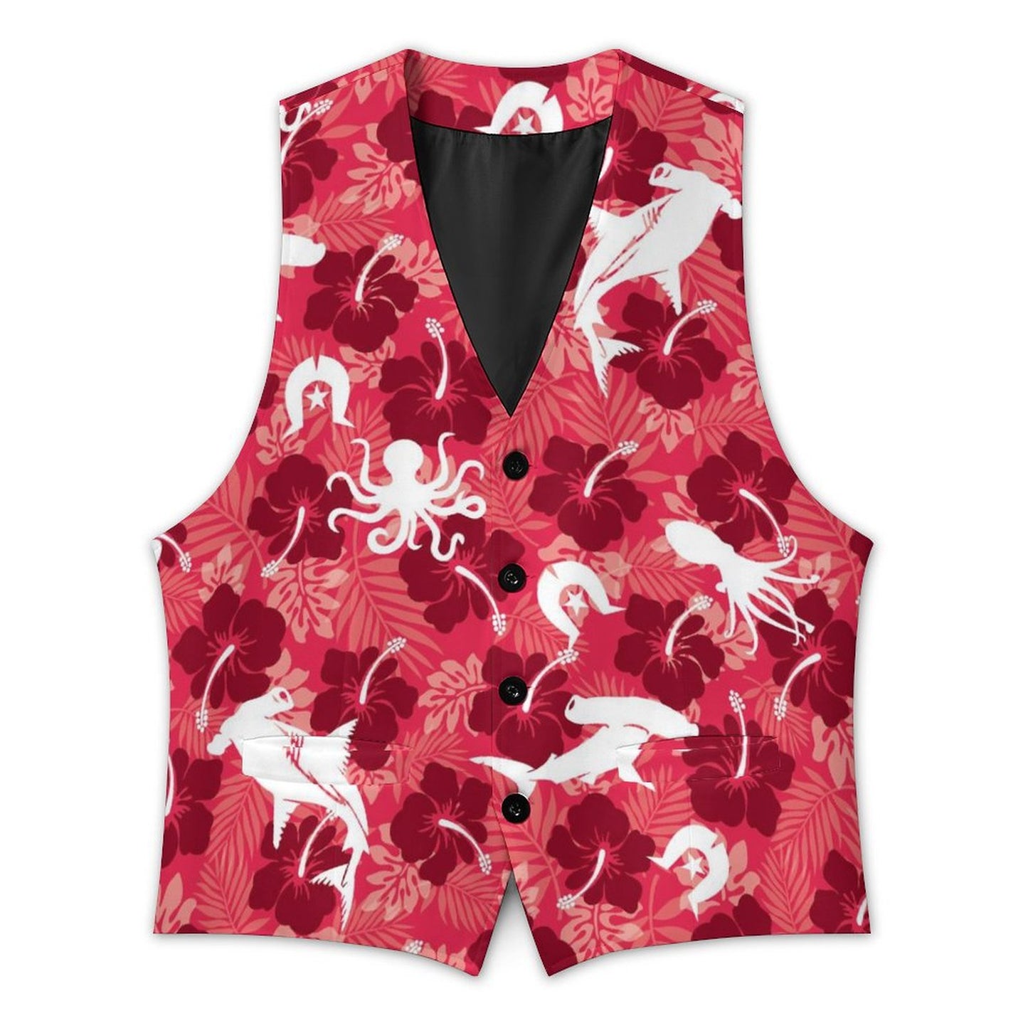 Red Hibiscus with Shark, Octopus and Dhari on Men's Sleeveless Suit Vest