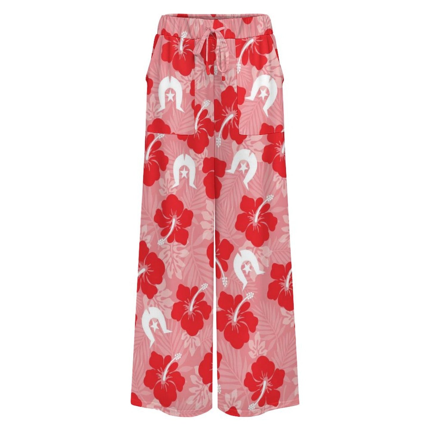 Hibiscus flowers with Dhari (Royal Pink) on Women’s Wide-Leg Pants