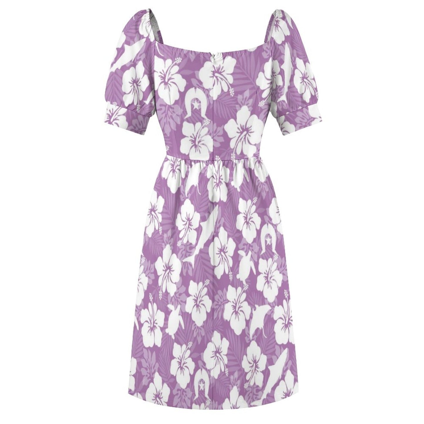 White hibiscus flowers with Dhari, Shark and Turtle (Purple) on Short Sleeve V Neck Lovely Dress