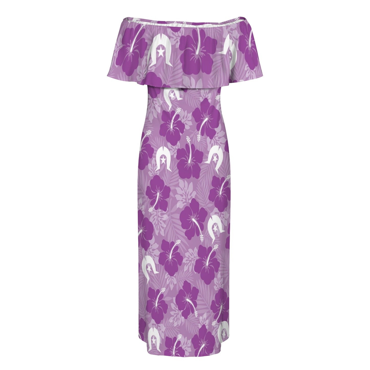 Hibiscus flowers with White Dhari (Royal purple) on Women's Off Shoulder Ruffle Boat Neck Dress