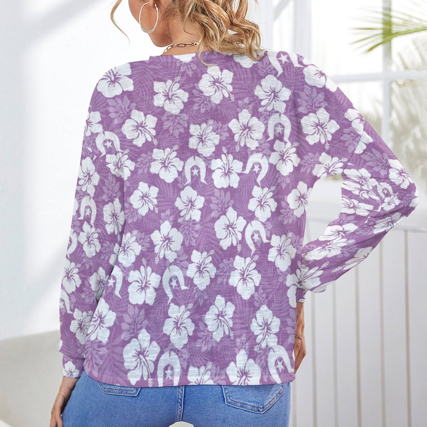 White Hibiscus and Dhari (Purple) on Long Sleeve Drop Shoulder Open Shirt