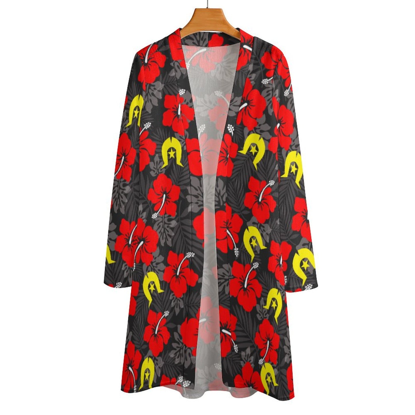 Royal Red Hibiscus with Yellow Dhari on Women's Mid-length Cardigan