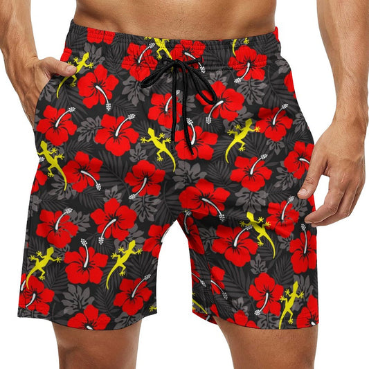 Royal Red Hibiscus flowers with Gecko on Men's Board Shorts