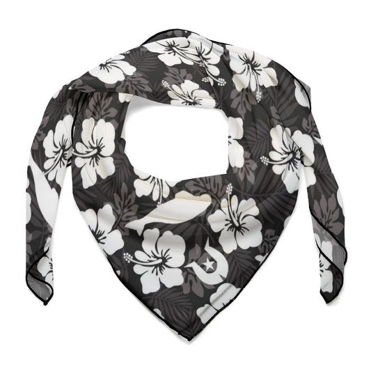 White Hibiscus flowers with Dugong, Turtle and Dhari (Black) on Women's Scarf