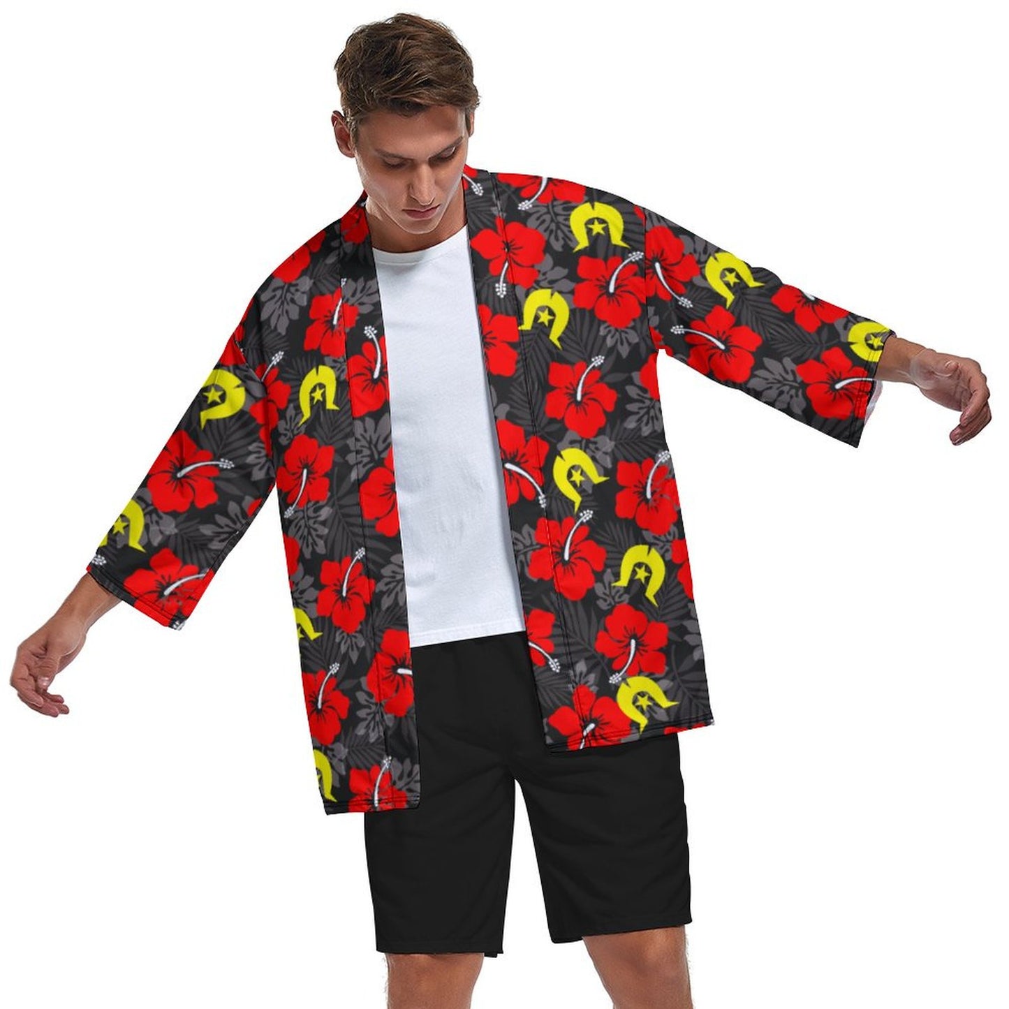 Royal Red Hibiscus with Yellow Dhari on Drop Shoulder Male Kimono Cardigan