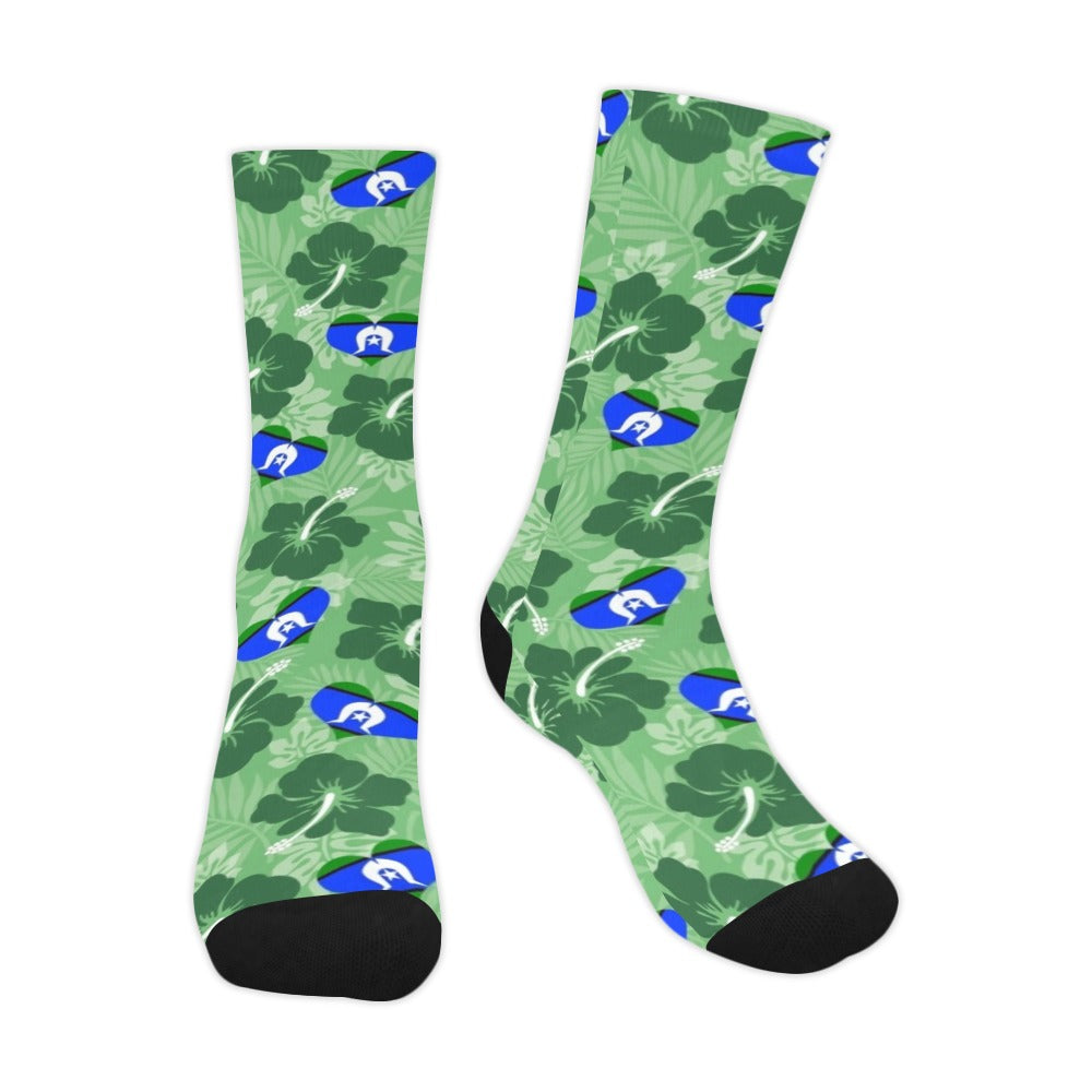Hibiscus flowers with Torres Strait Heart Flag on (Sea Grass Green) on Crew Socks (Made In AUS)