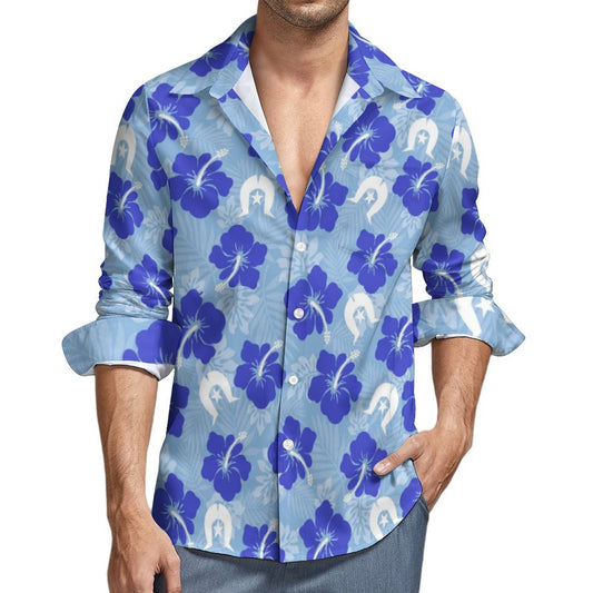 Hibiscus flowers with White Dhari (Sky blue) on Men's Long Sleeve Shirt