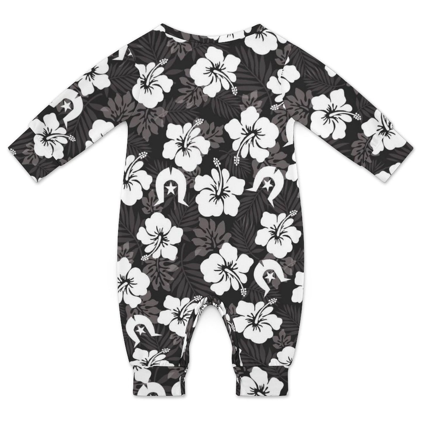 White Hibiscus and Dhari (Black) on Baby Romper