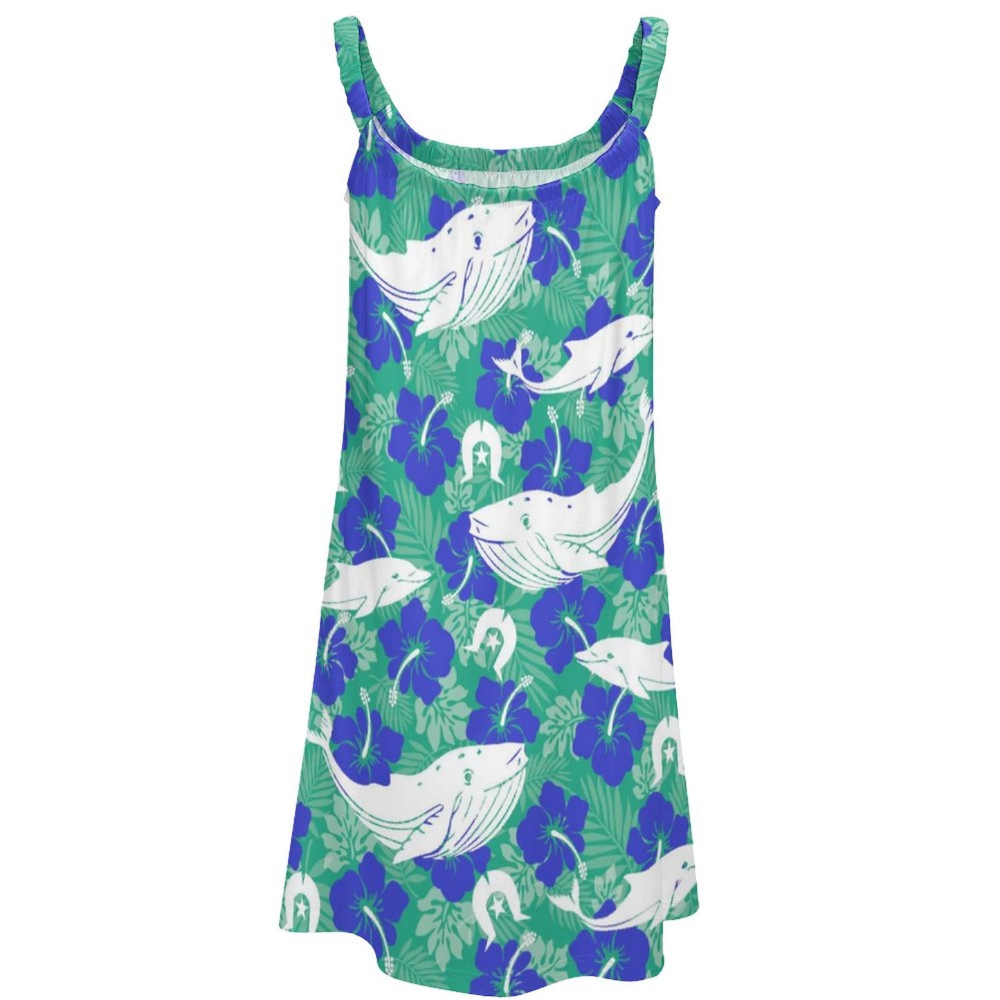 Royal Blue Hibiscus flowers with Whale, Dolphin and Dhari on Sleeveless Dress