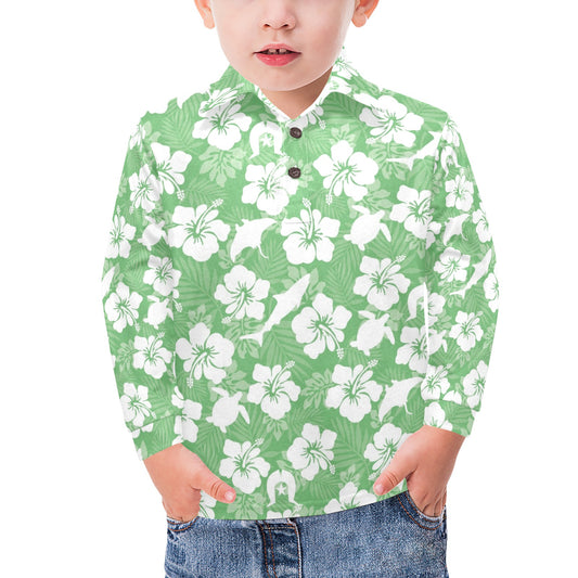 White hibiscus flowers with Dhari, Shark, turtle, and stingray (Green) on Little Boys' Long Sleeve Polo Shirt