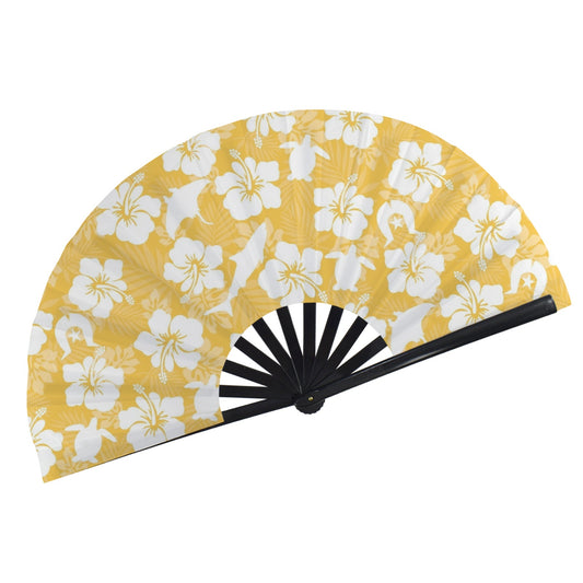 White Hibiscus flowers with Dhari (Orange) on Folding Clack Fan