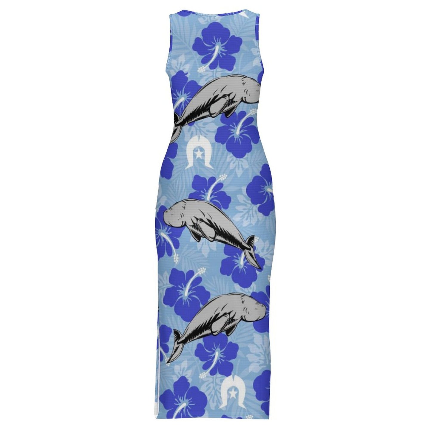 Hibiscus flowers with White Dhari and Dugong (Sky blue) on180gsm Slit Fitted Camisole Cheongsam