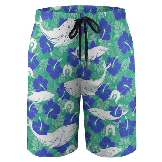 Royal Blue Hibiscus flowers with Whale, Dolphin and Dhari on Kid's Beach Pants