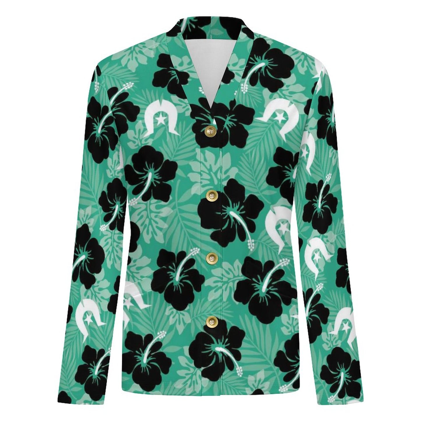 Black Hibiscus with White Dhari on 170gsm Women's Lightweight Cardigan