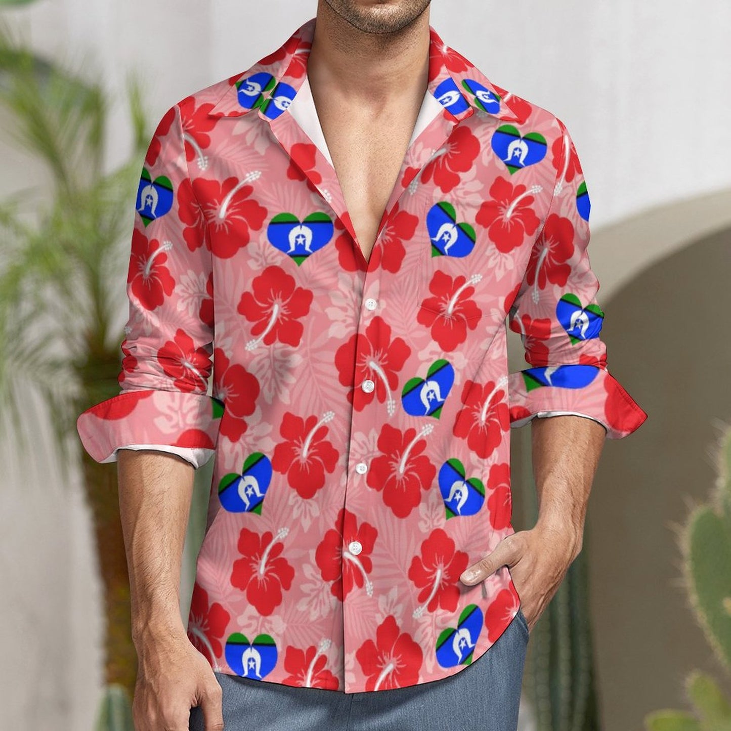 Hibiscus flowers with TSI Heart Flag (Royal pink) on Men's Long Sleeve Shirt