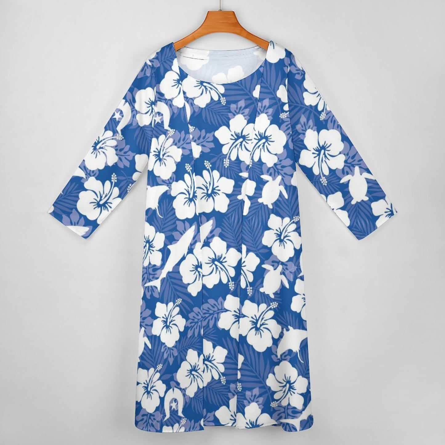 White hibiscus flowers with Dhari, Shark, turtle, and stingray on Long Dress Set