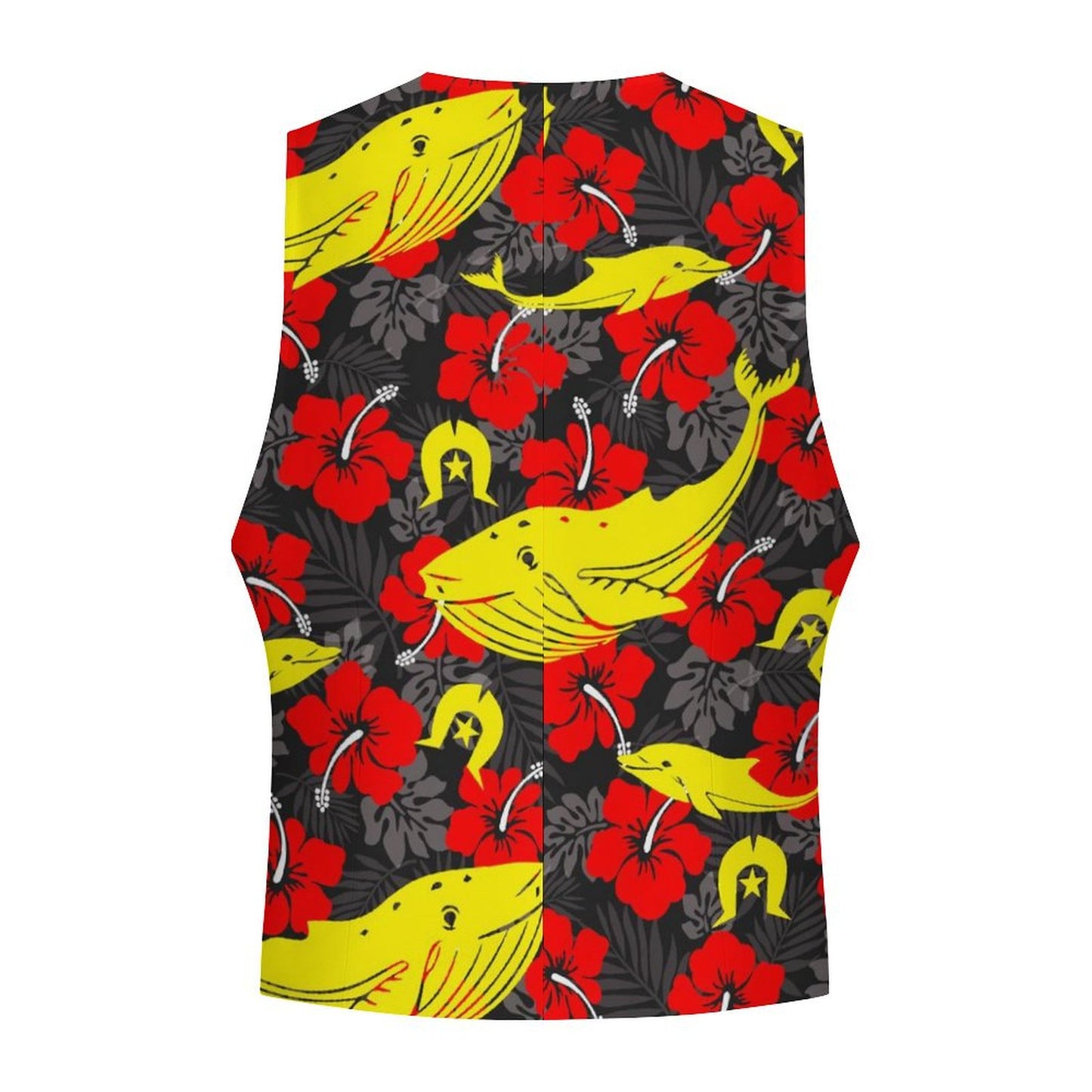 Royal Red Hibiscus with Yellow Dhari, Whale and Dolphin on Men's Sleeveless Suit Vest