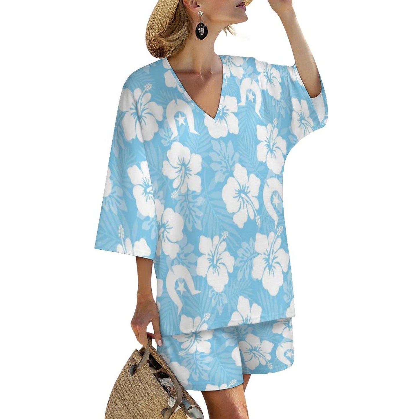 White Hibiscus and Dhari (blue) on Mediterranean Style V-Neck Suit