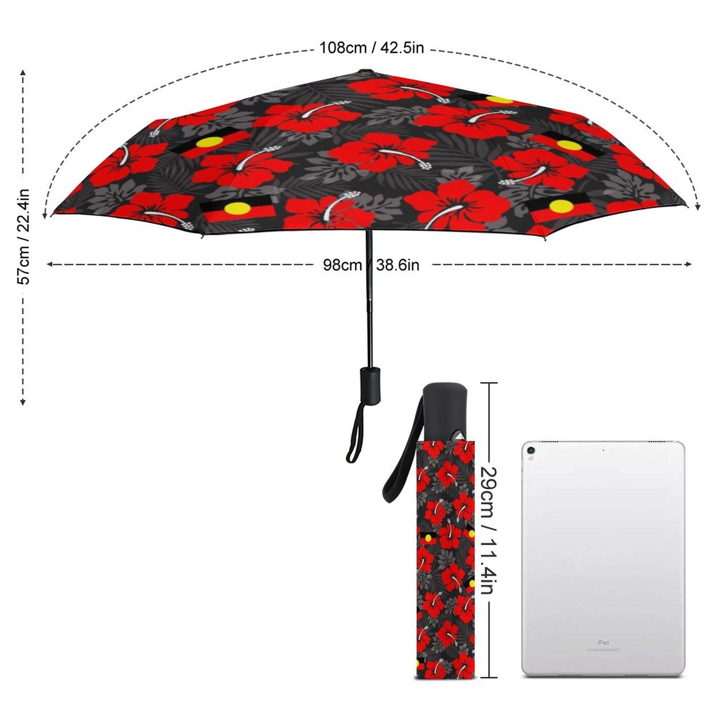 Red Hibiscus with Aboriginal flag on Tri-fold Automatic Umbrella