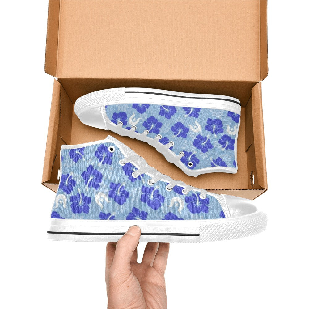 Hibiscus flowers with White Dhari (Sky blue) on Women's High Top Canvas Shoes