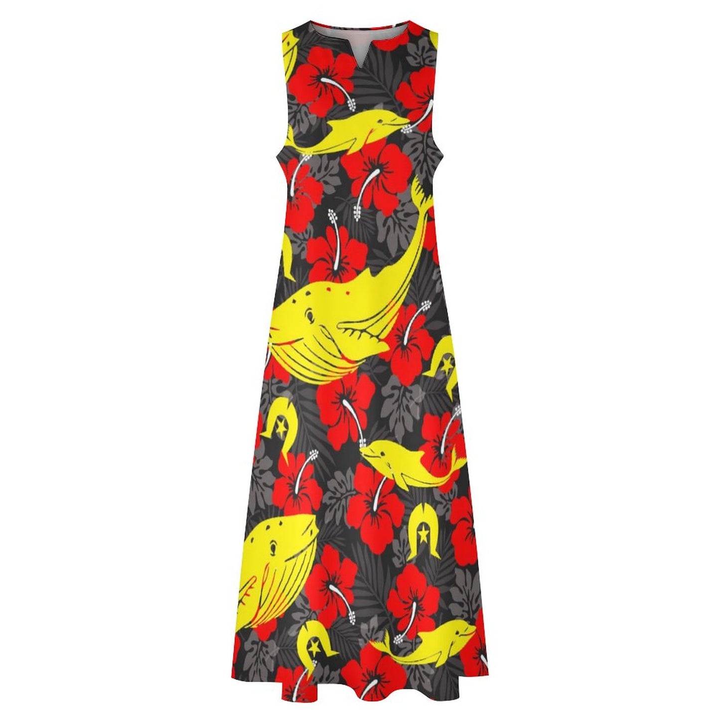 Royal Red Hibiscus with Yellow Dhari, Whale and Dolphin on Sleeveless Ankle-length Dress