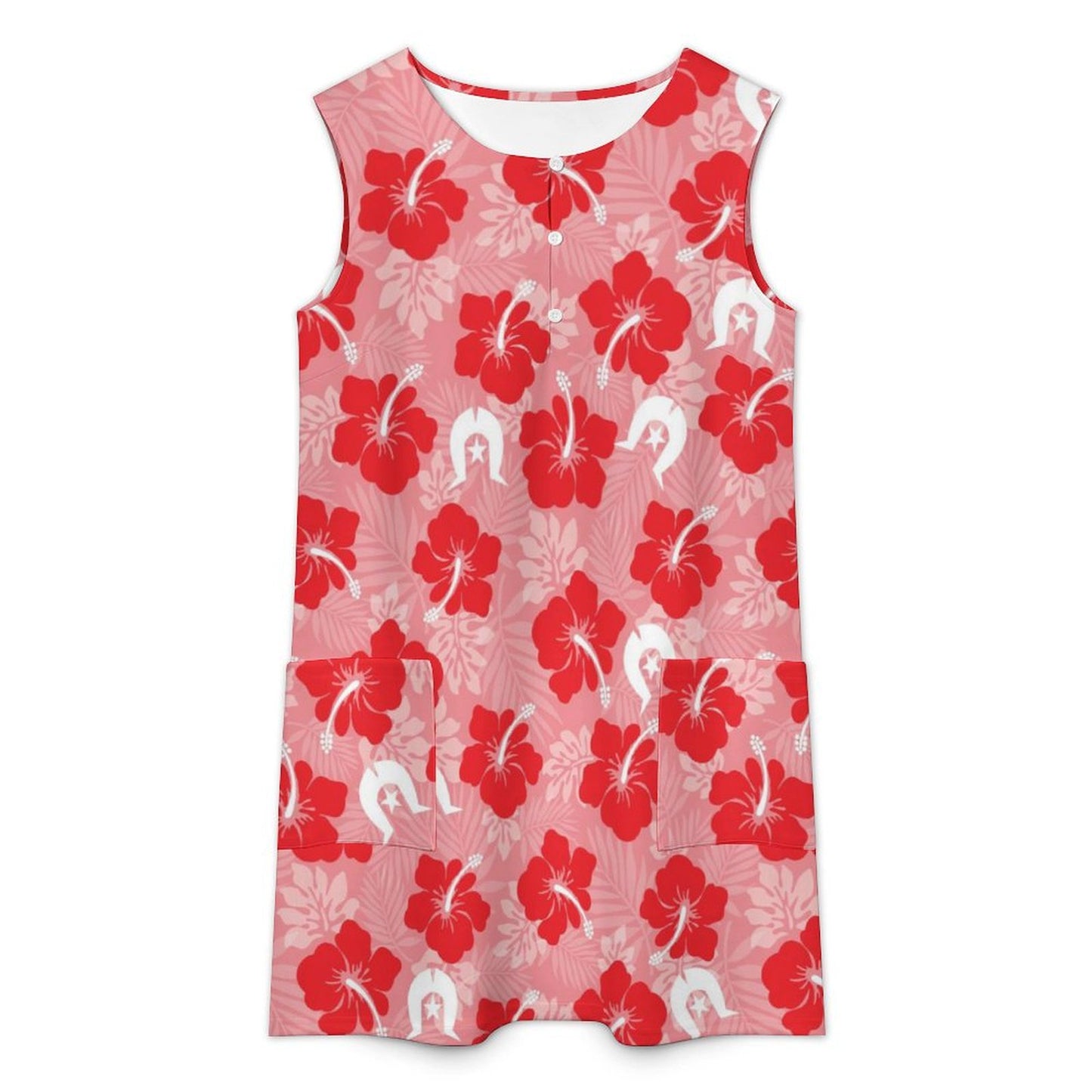 Hibiscus flowers with Dhari (Royal Pink) on Sleeveless Pocket Dress