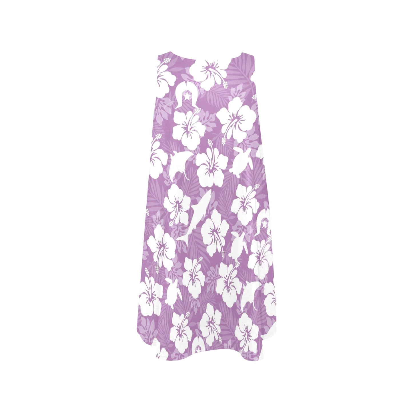 White hibiscus flowers with Dhari, Shark, turtle, and stingray (Purple) on Sleeveless Tank Dress with Pockets