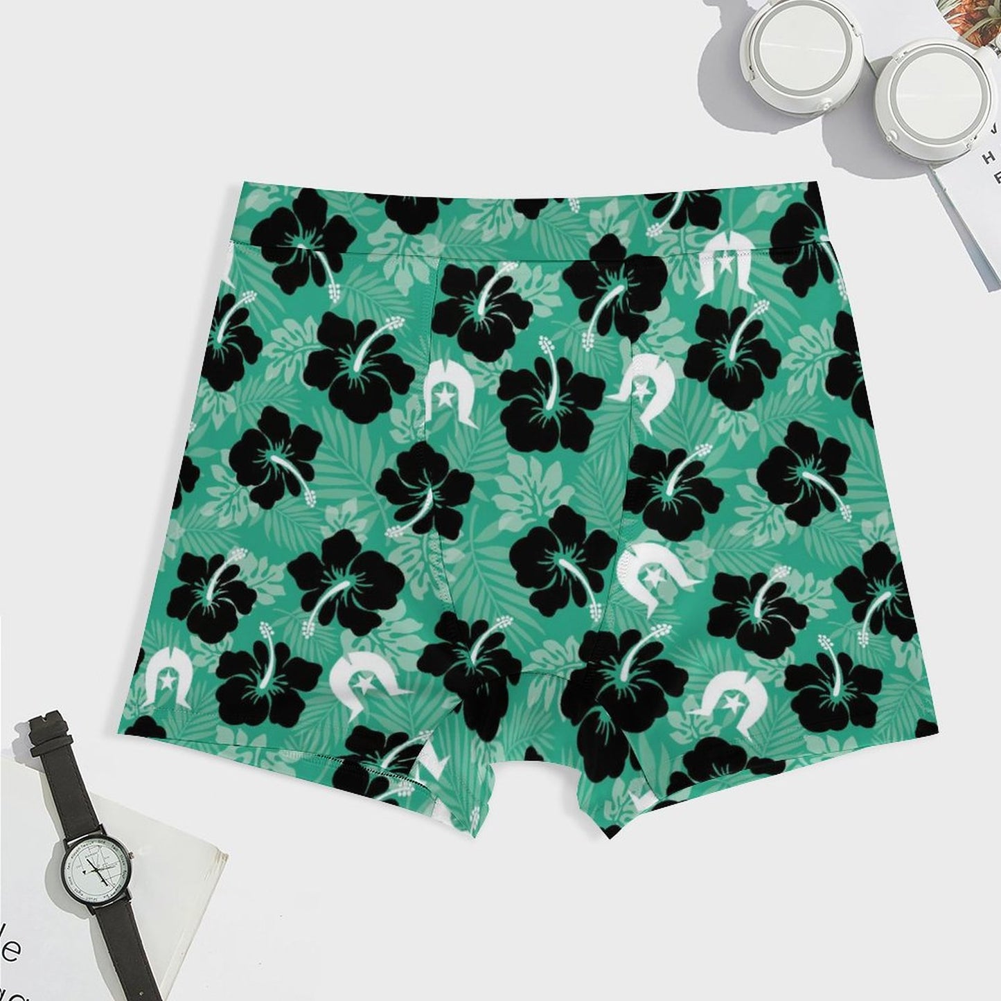 Black Hibiscus with White Dhari on Milk Fiber Boxer Shorts for Men