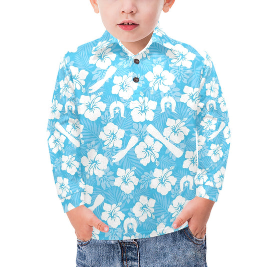 White Hibiscus flowers, Warup and Dhari on Little Boys' Long Sleeve Polo Shirt
