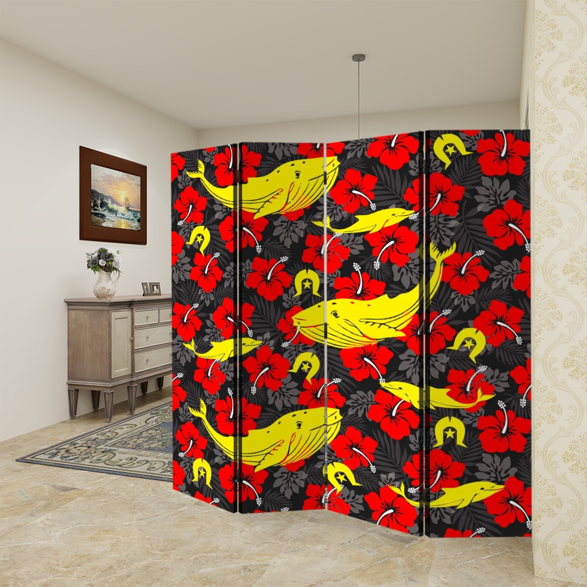 Royal Red Hibiscus with Yellow Dhari, Whale and Dolphin on Room Divider Folding Screen 4 Panel
