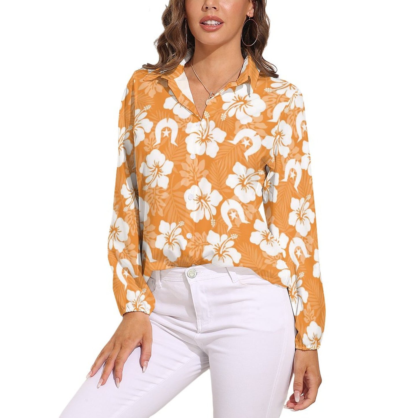 White Hibiscus flowers with Dhari (Orange) on Casual Long Sleeve Vintage Tour Shirt