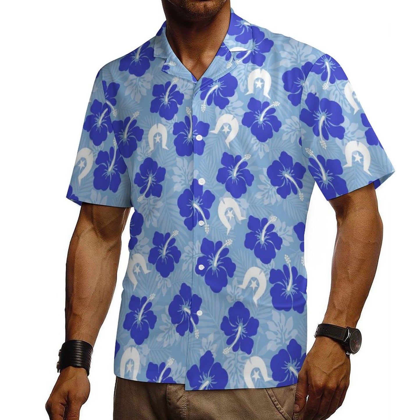 Hibiscus flowers with White Dhari (Sky blue) on Cotton Men's Cuban Collar Short-Sleeve Shirt