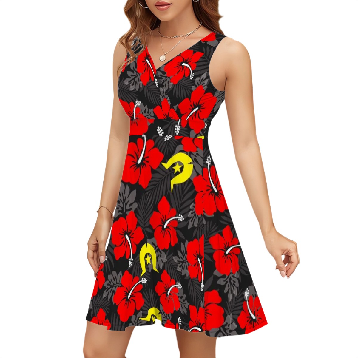 Royal Red Hibiscus with Yellow Dhari on Sleeveless V Neck Dress