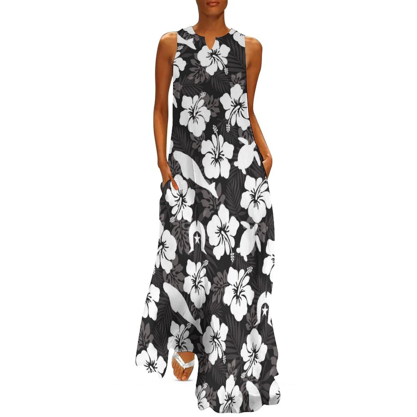 White hibiscus flowers with Dhari, Dugong and Turtle (Black) on Sleeveless Ankle-length Dress