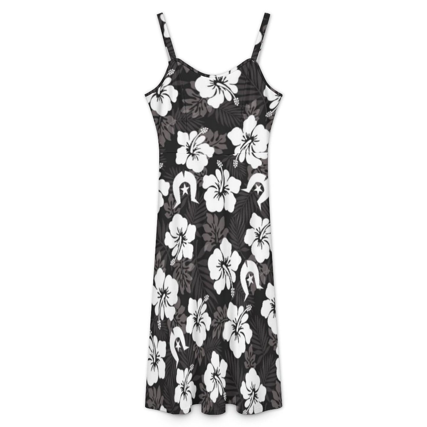 White Hibiscus and Dhari (Black) on Midi Spaghetti Strap Dress