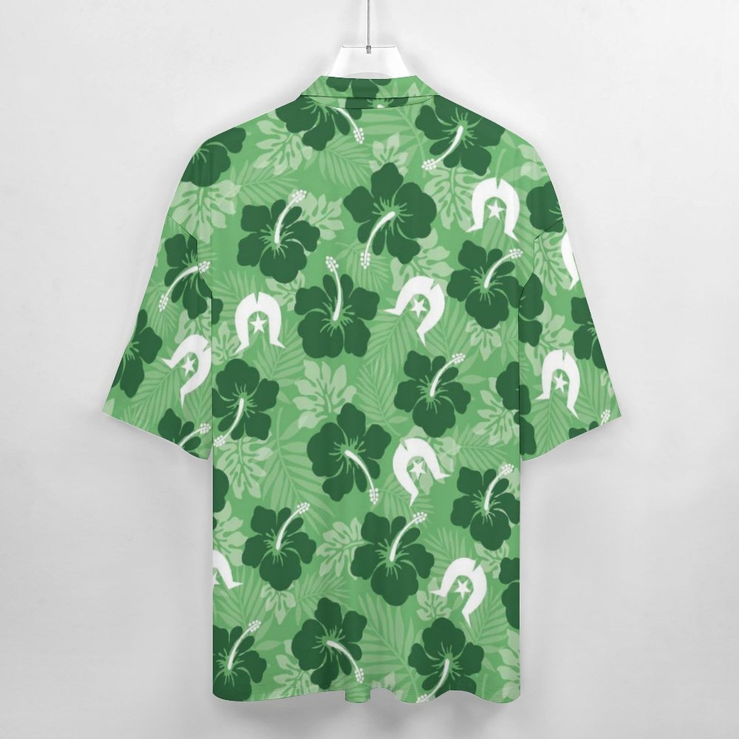 Hibiscus flowers with White Dhari (Sea Grass Green) on Cotton Men's Cuban Collar Short-Sleeve Shirt