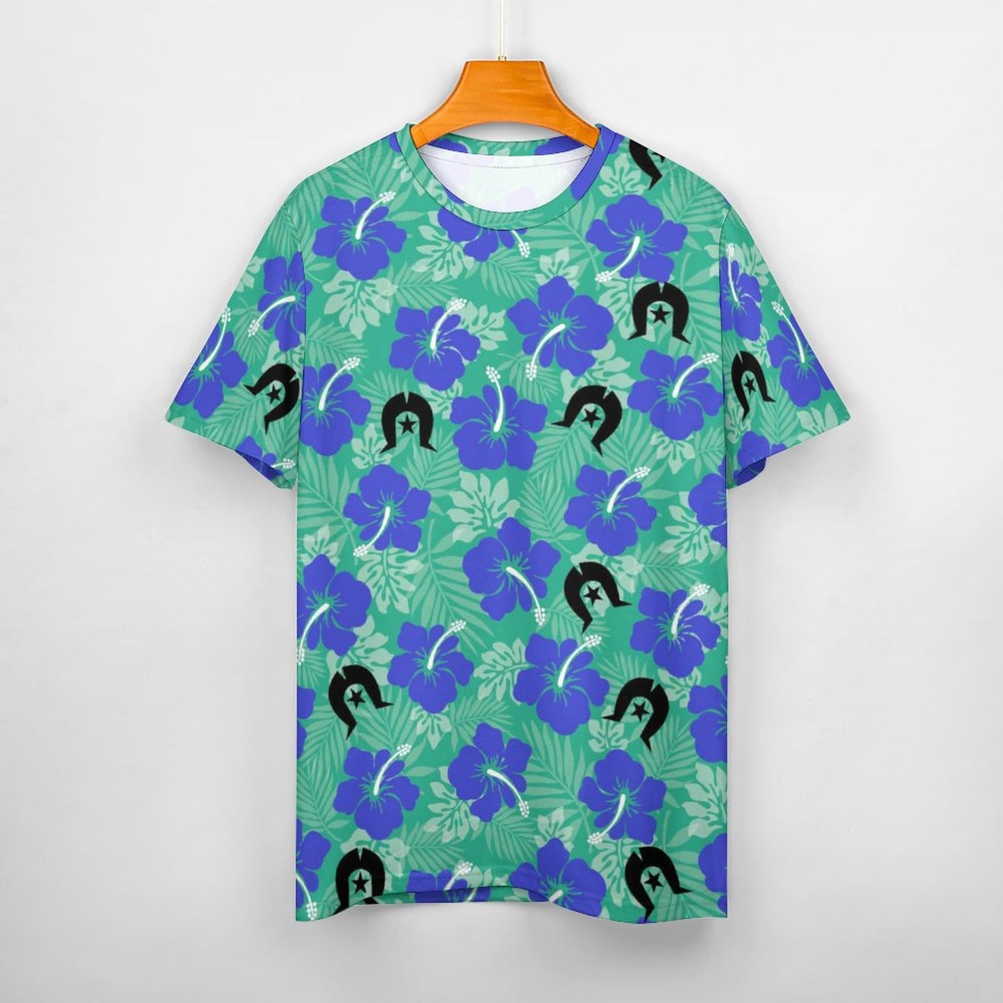 Royal Blue Hibiscus flowers with Black Dhari on Cotton Summer Short Sleeve T-Shirts for Women