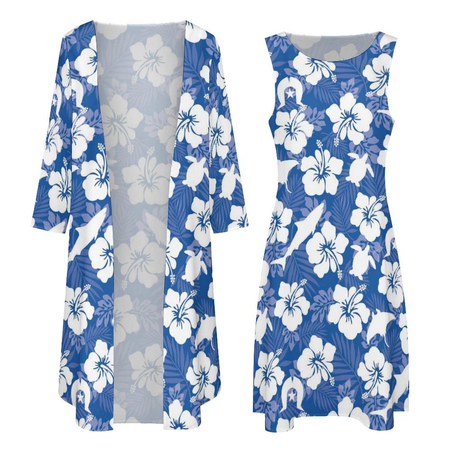 White hibiscus flowers with Dhari, Shark, turtle, and stingray on Long Dress Set