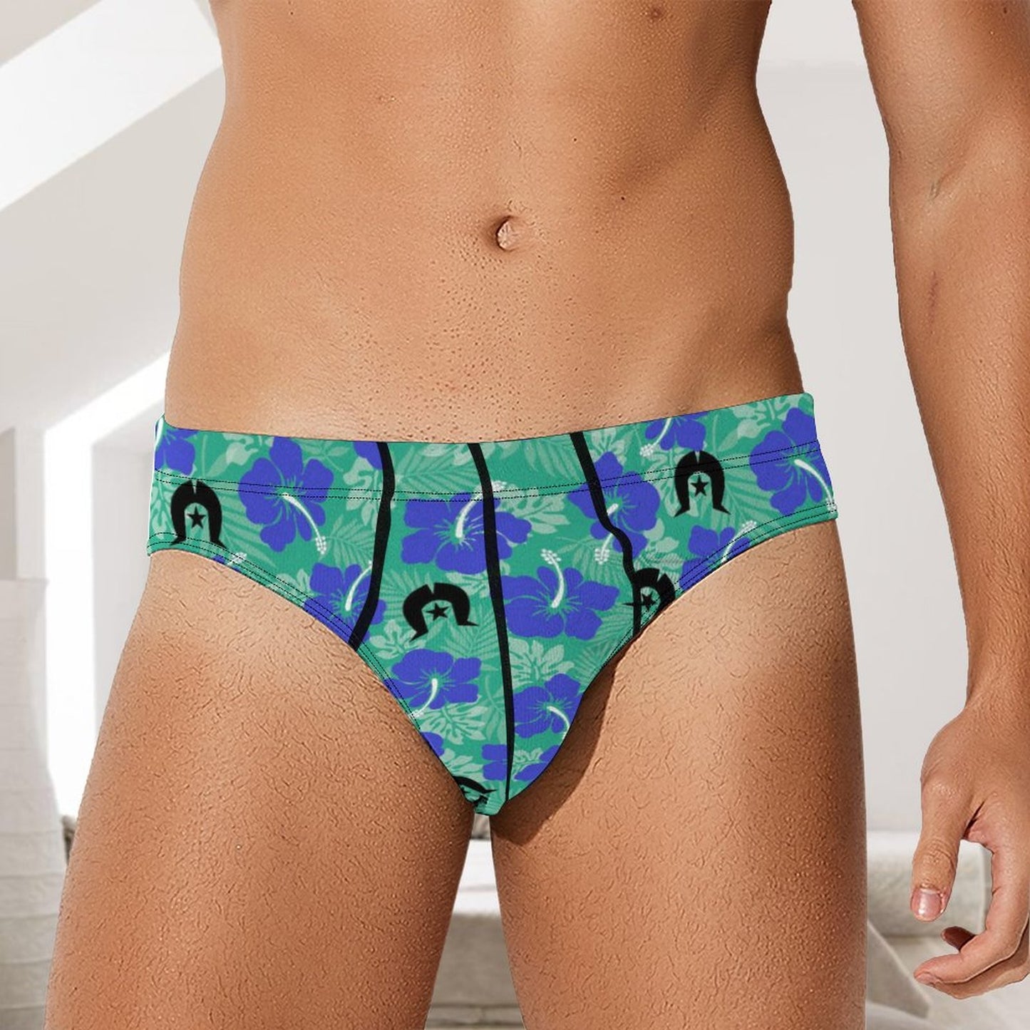 Royal Blue Hibiscus flowers with Black Dhari on Milk Silk Men's Briefs