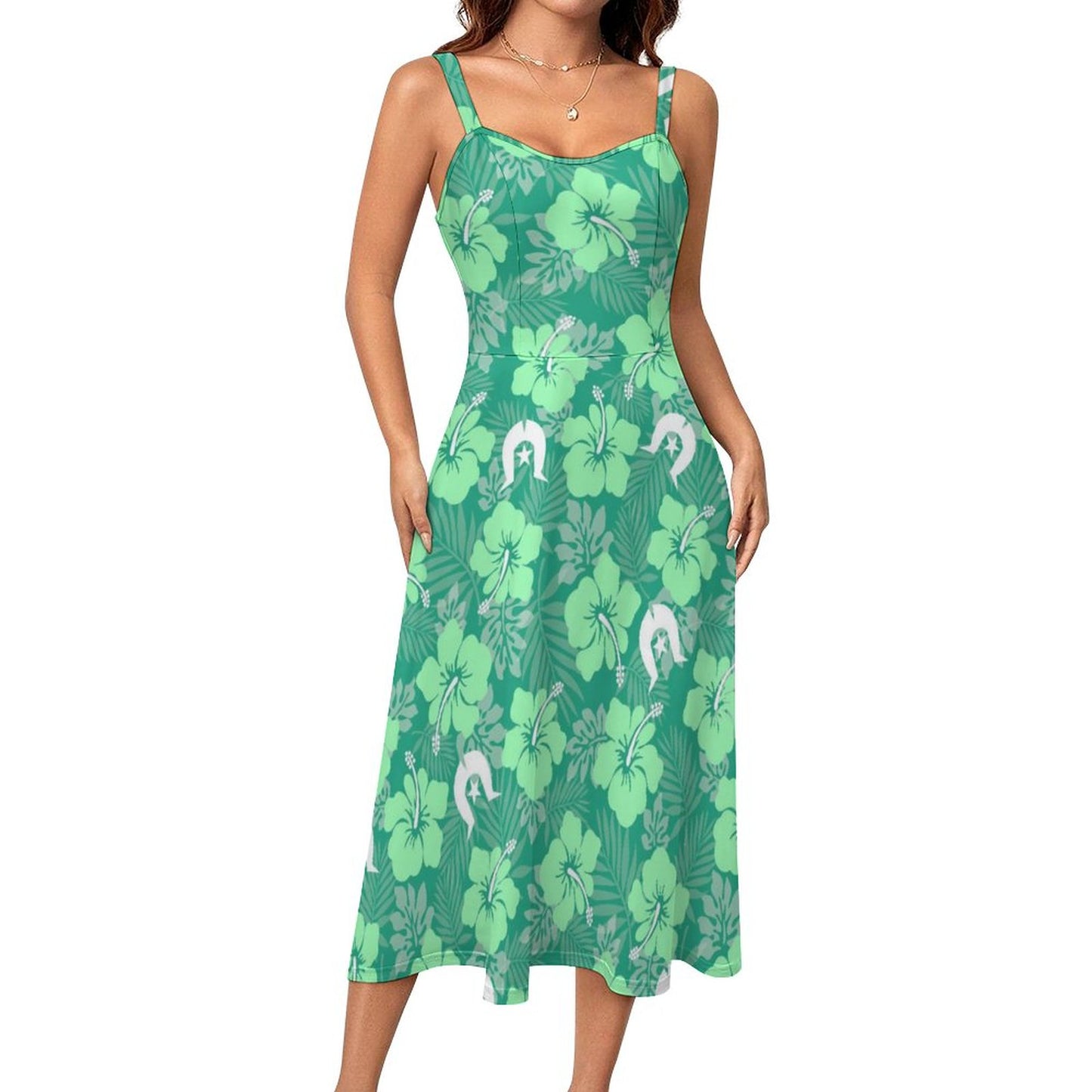 Hibiscus flowers with Dhari (Royal mint) on Midi Spaghetti Strap Dress