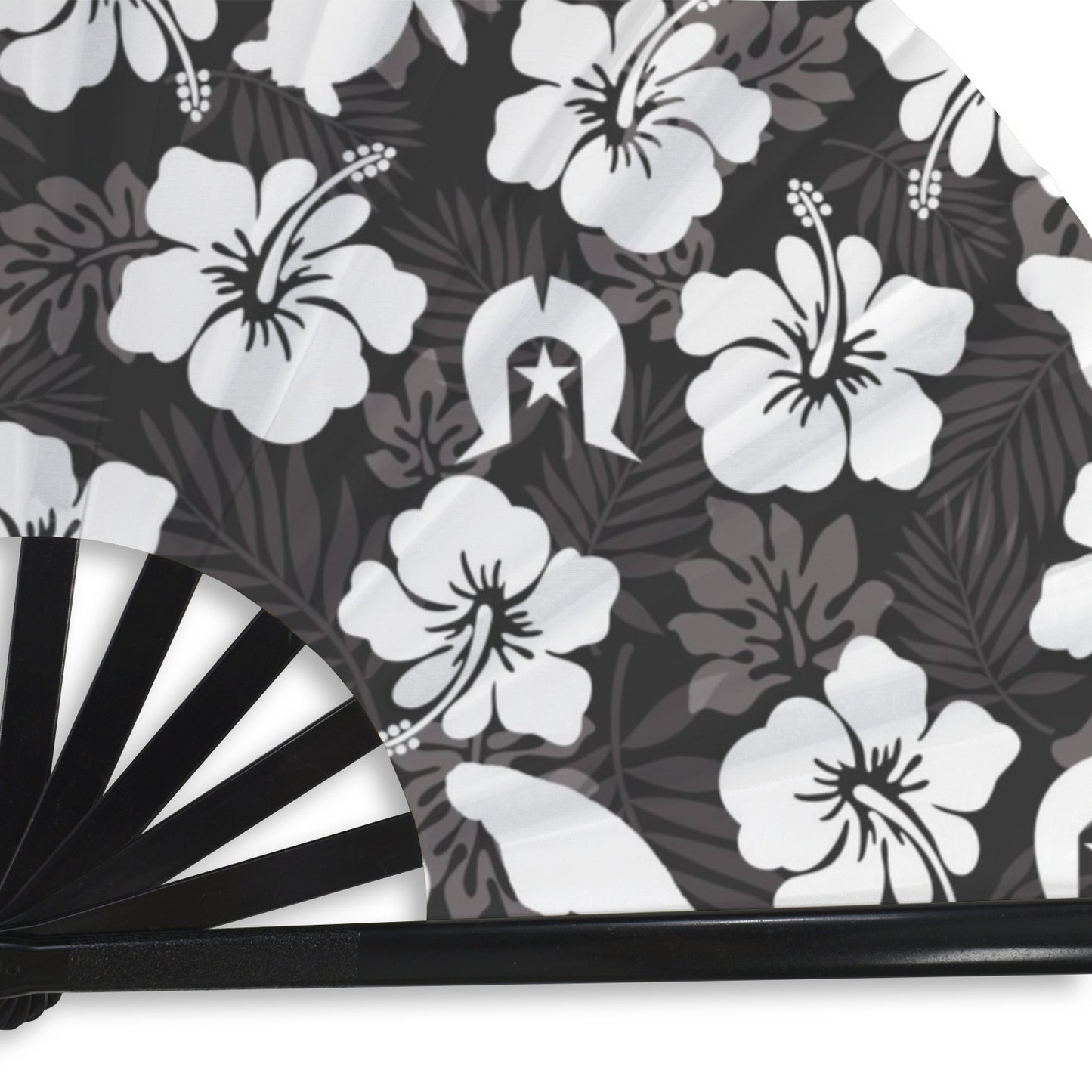 White Hibiscus flowers with Dugong, Turtle and Dhari (Black) on Folding Clack Fan