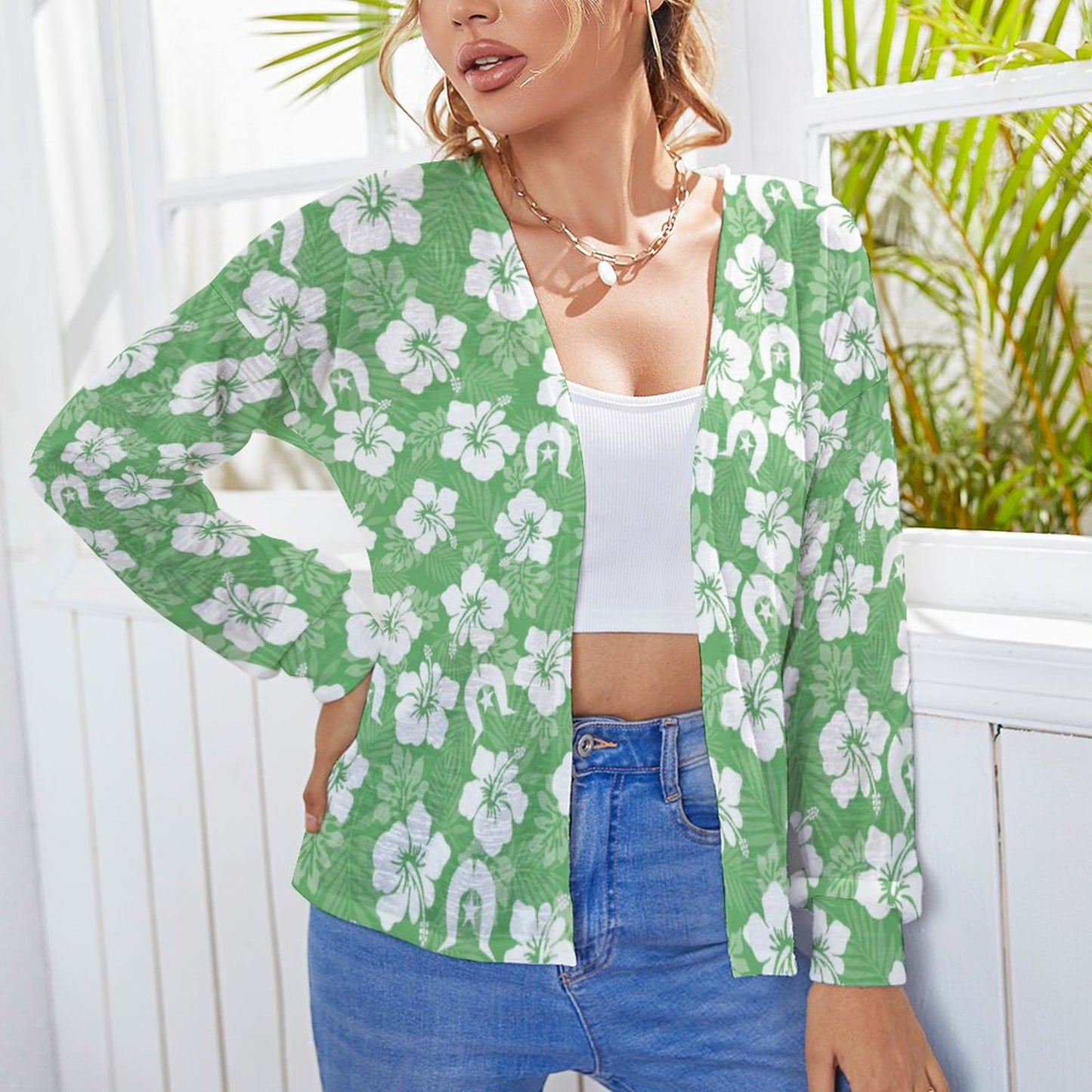 White Hibiscus flowers with Dhari (Green) on Long Sleeve Drop Shoulder Open Shirt